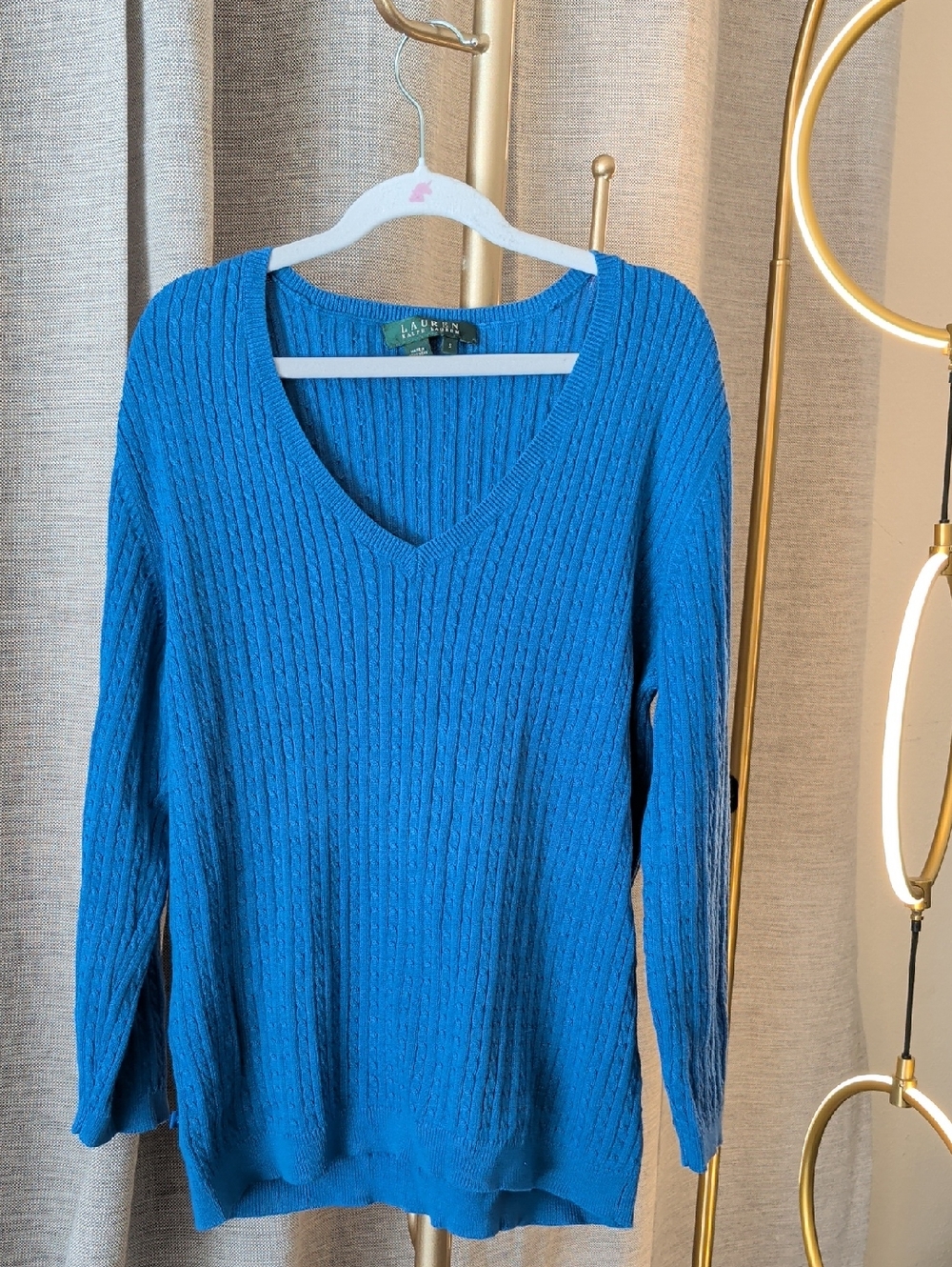 Lauren Ralph Lauren Bright Blue V-Neck Cable Knit Sweater